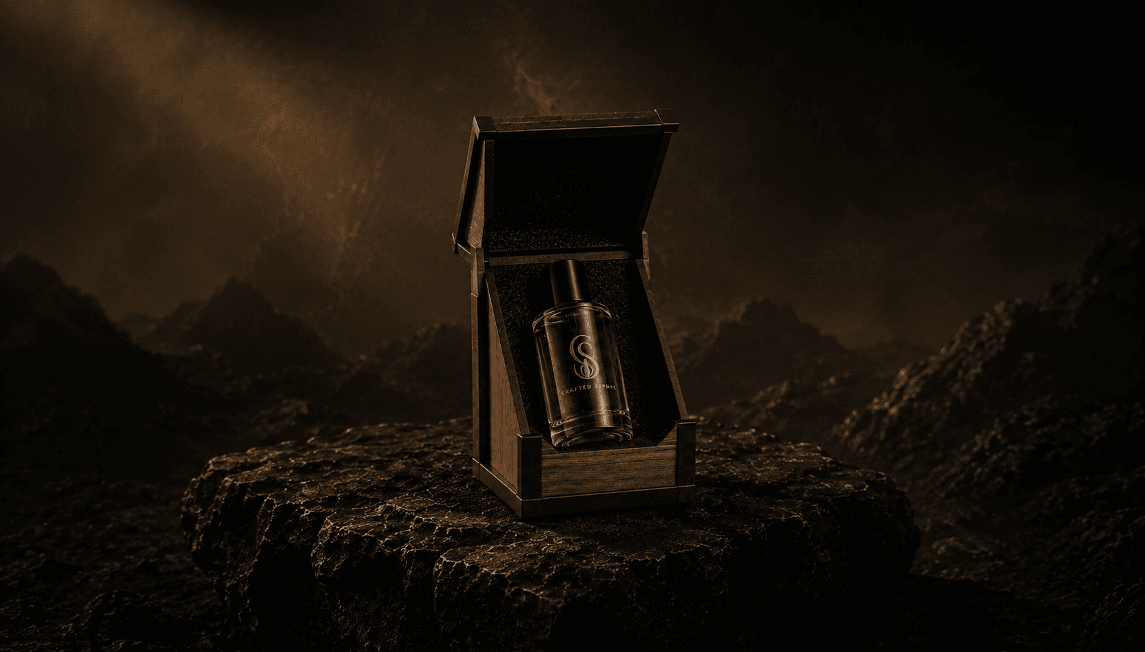 Crafted Sprays fragrance bottle on rock